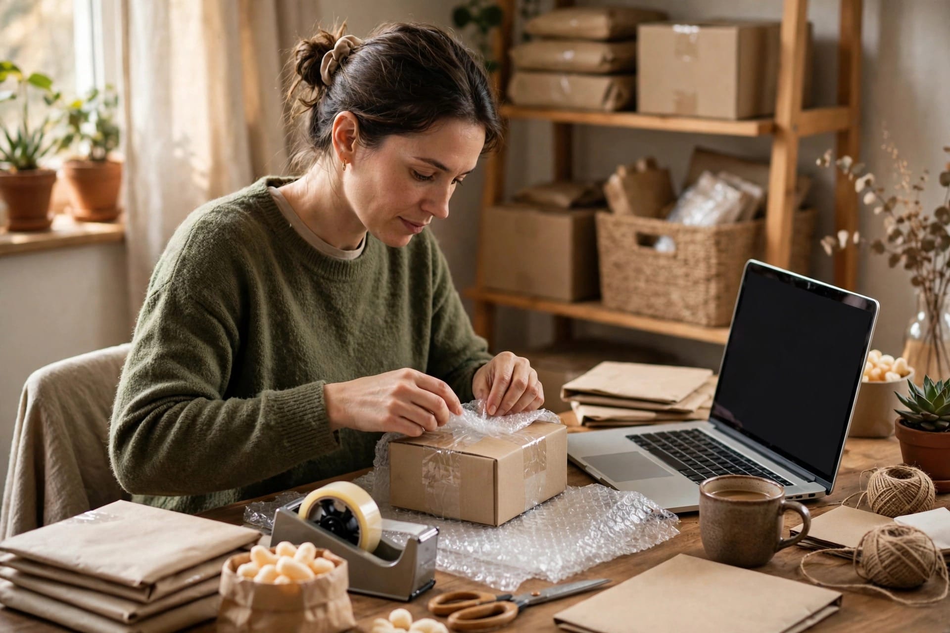 A small online shop owner packing parcels at a desk with a laptop