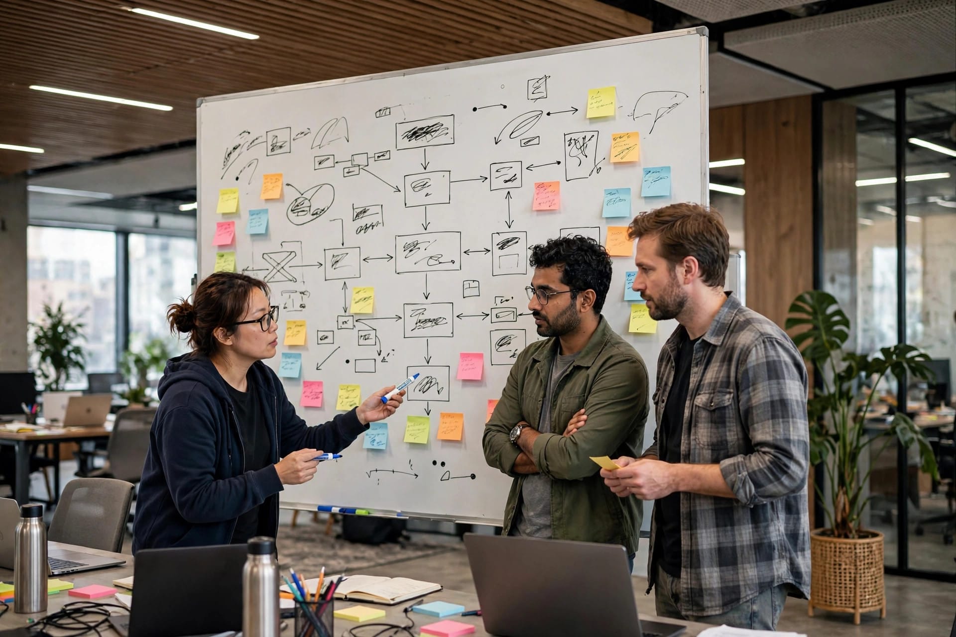 Engineers reviewing a software architecture diagram on a large whiteboard in a modern office