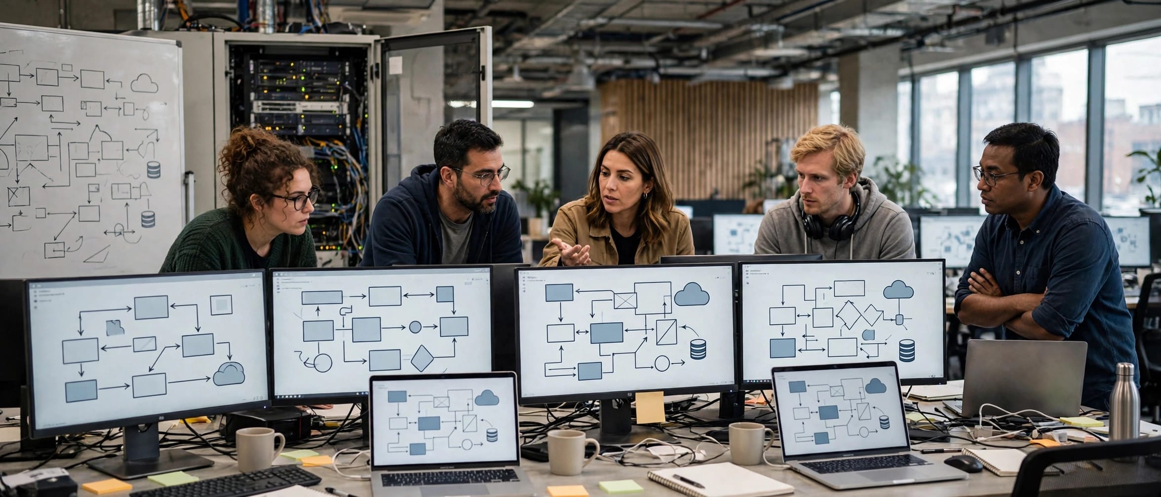 Software engineers modernizing a large legacy system at desks with monitors showing code diagrams