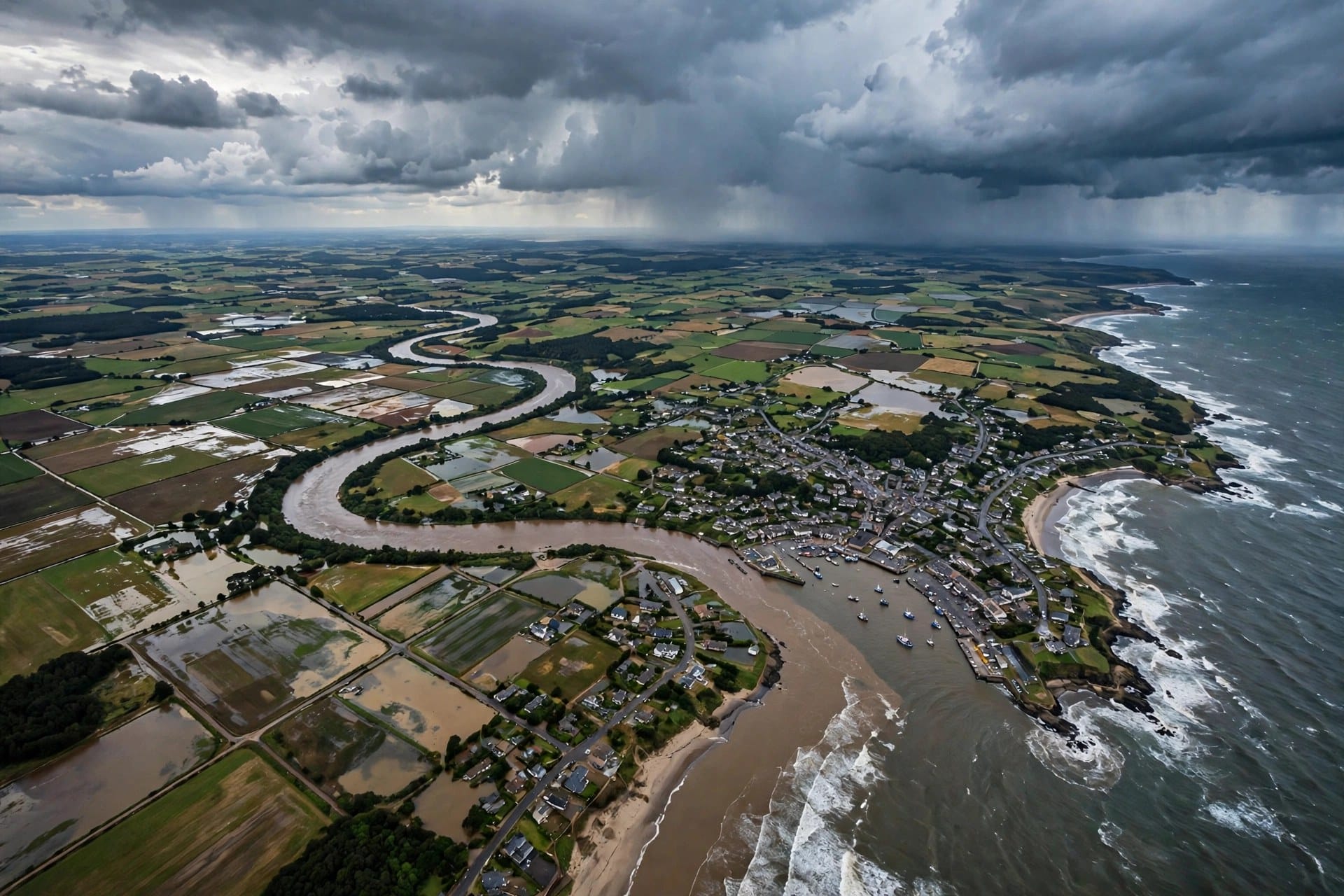 An aerial view of a coastal town and farmland under stormy skies
