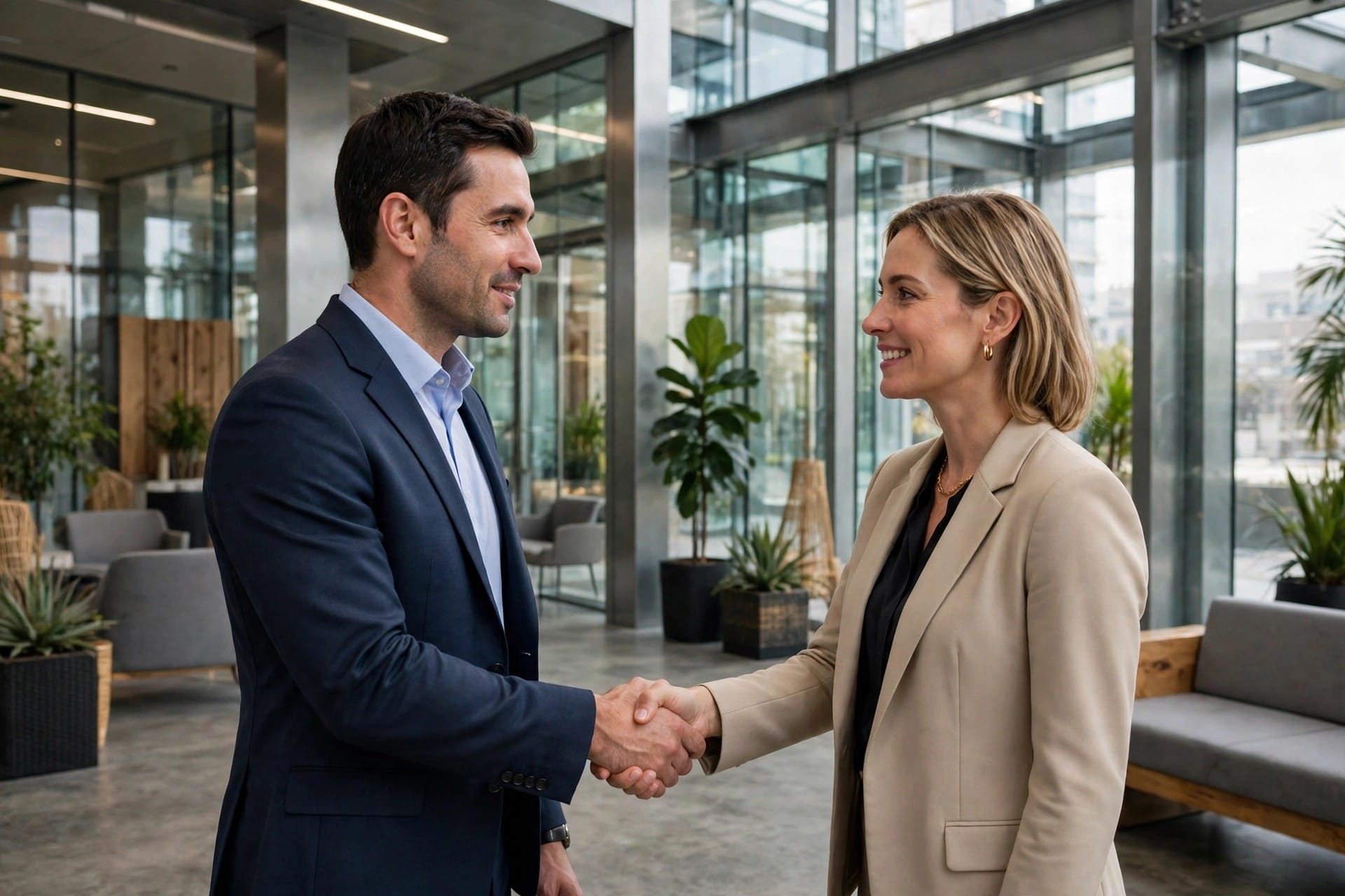 Two businesspeople shaking hands in a modern office lobby