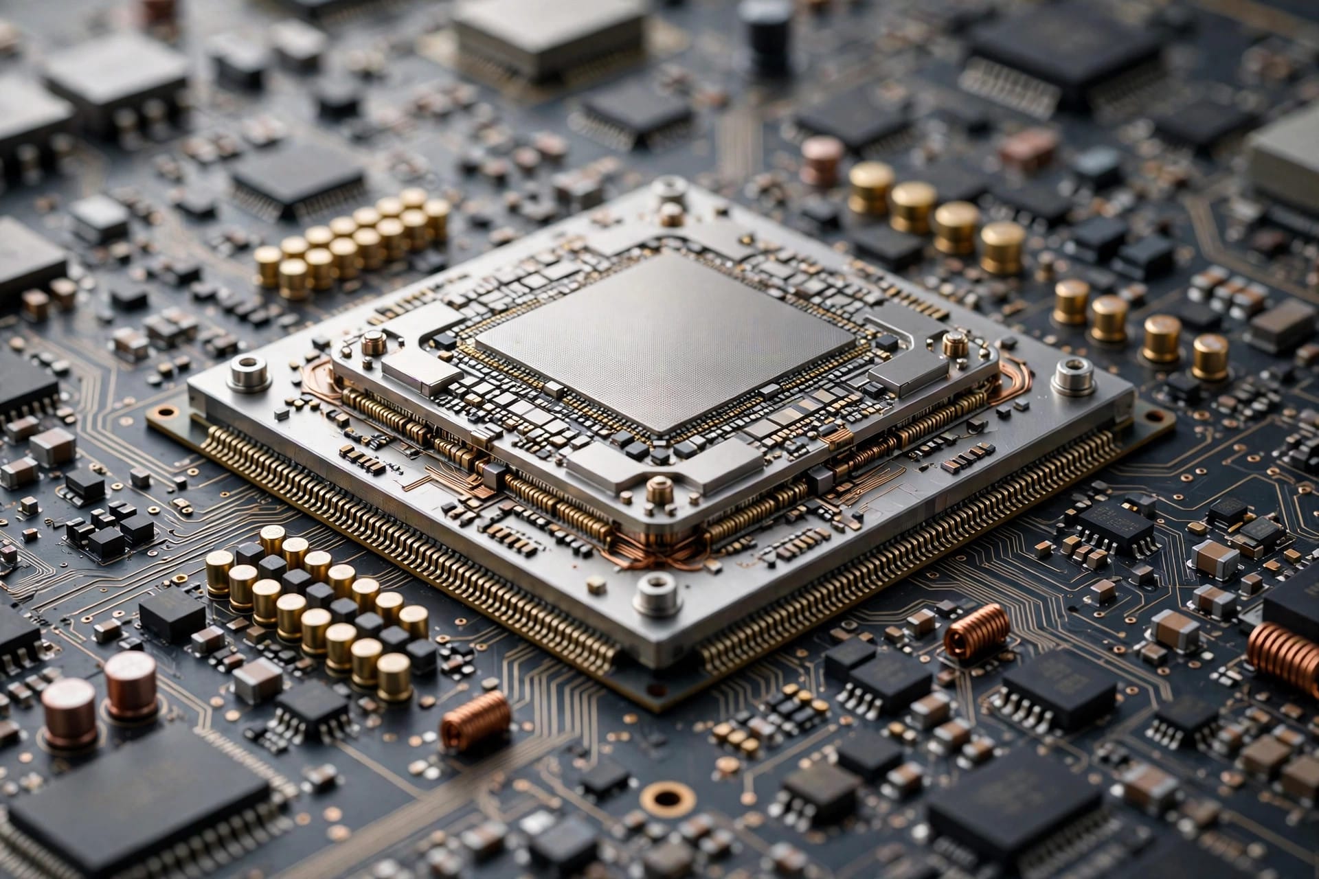 An advanced computer processor chip on a circuit board