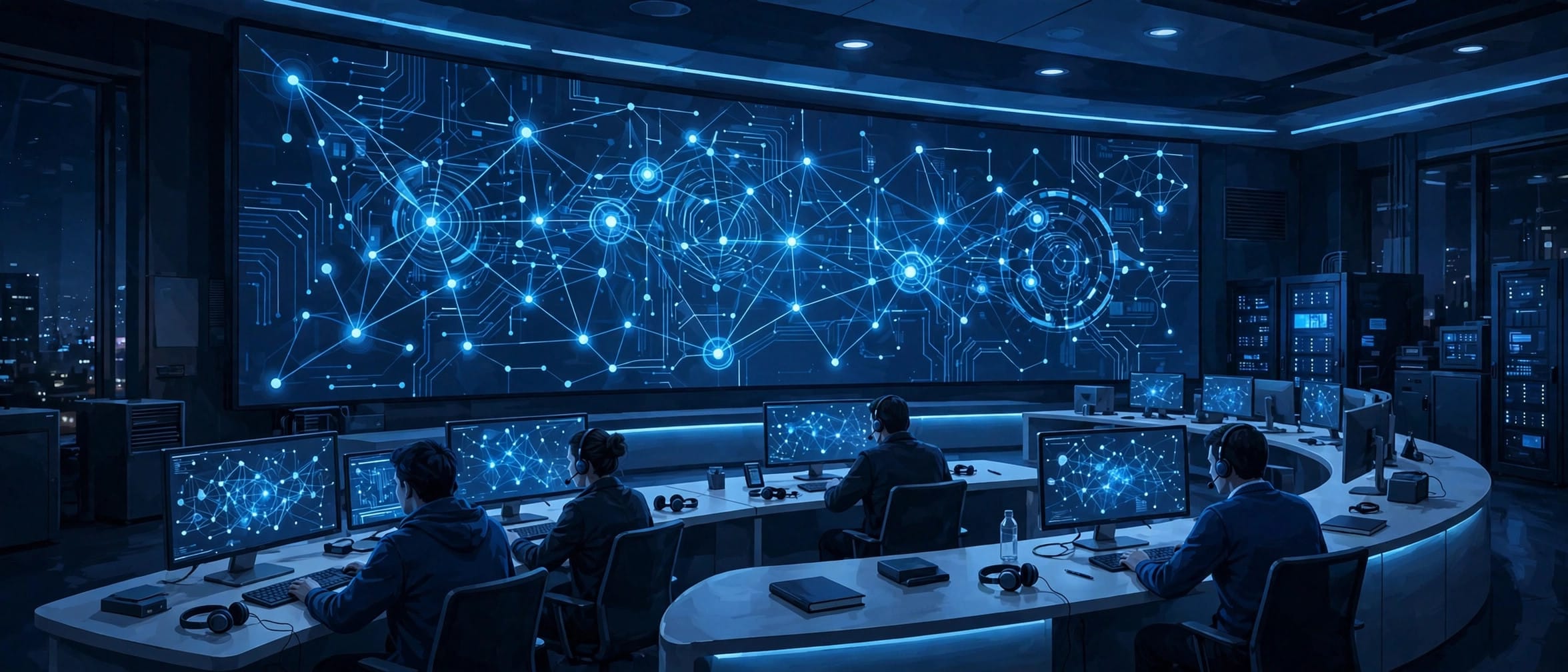 Analysts in a cybersecurity operations centre at night