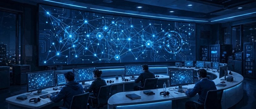 Analysts in a cybersecurity operations centre at night
