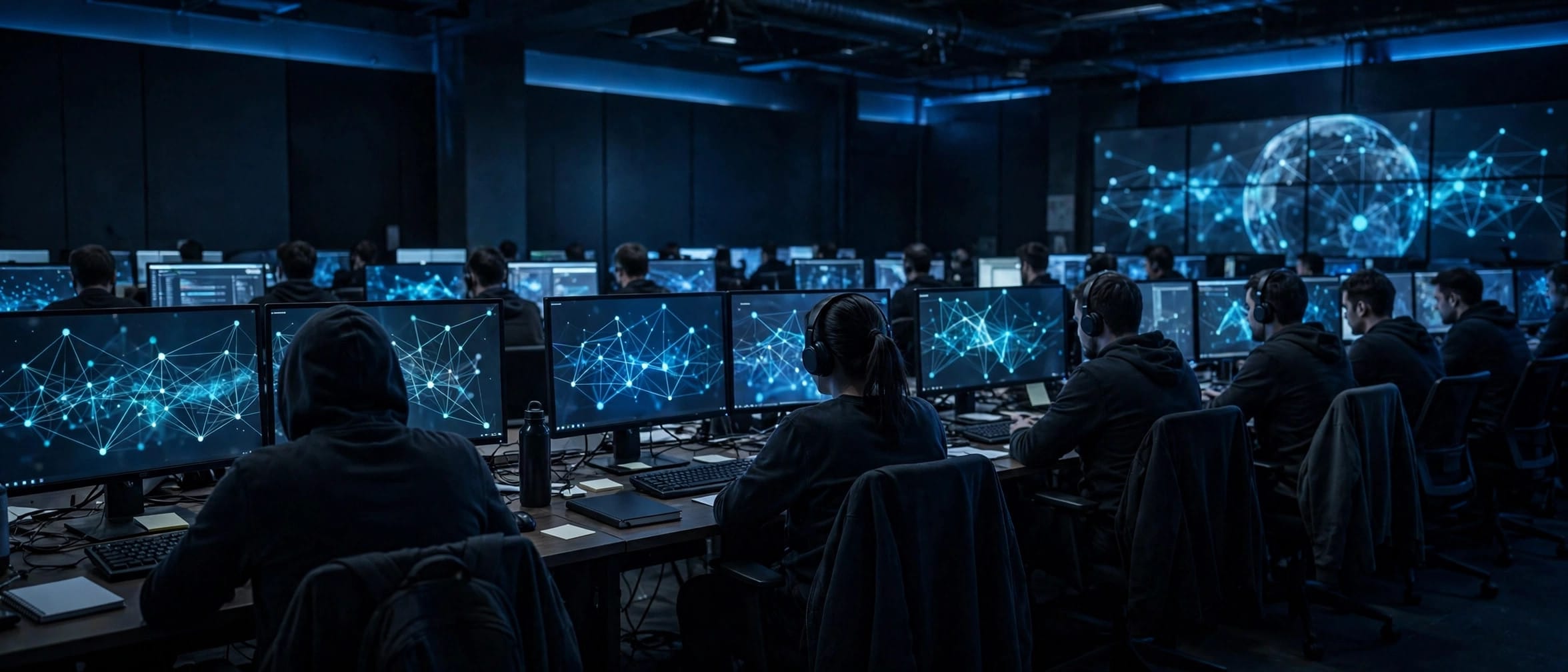 Cybersecurity analysts at screens in an operations centre