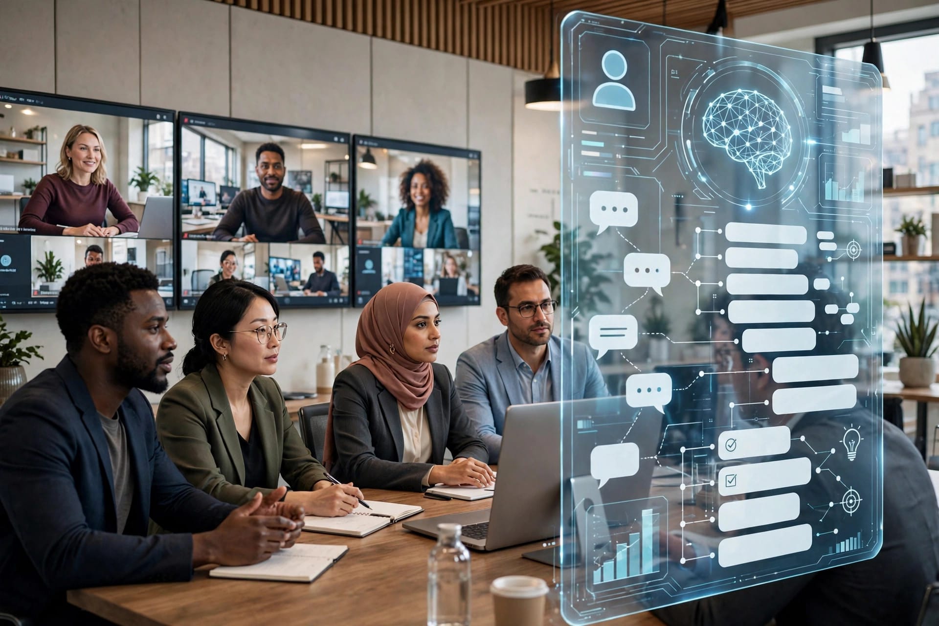 Business team in a video meeting while Otter.ai summarises the conversation into structured notes in real time