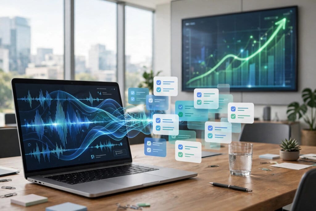 Otter.ai meeting transcription dashboard with waveforms turning into notes as a growth chart rises behind the 320 million dollar financing