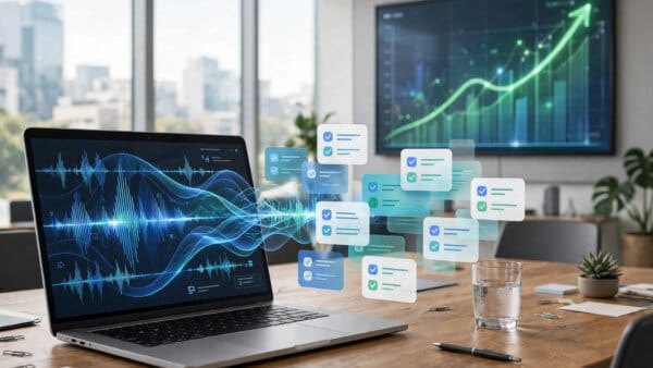 Otter.ai meeting transcription dashboard with waveforms turning into notes as a growth chart rises behind the 320 million dollar financing