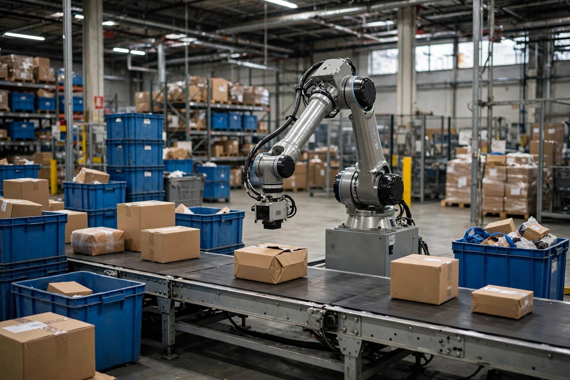 Robotic arm inspecting a returned parcel