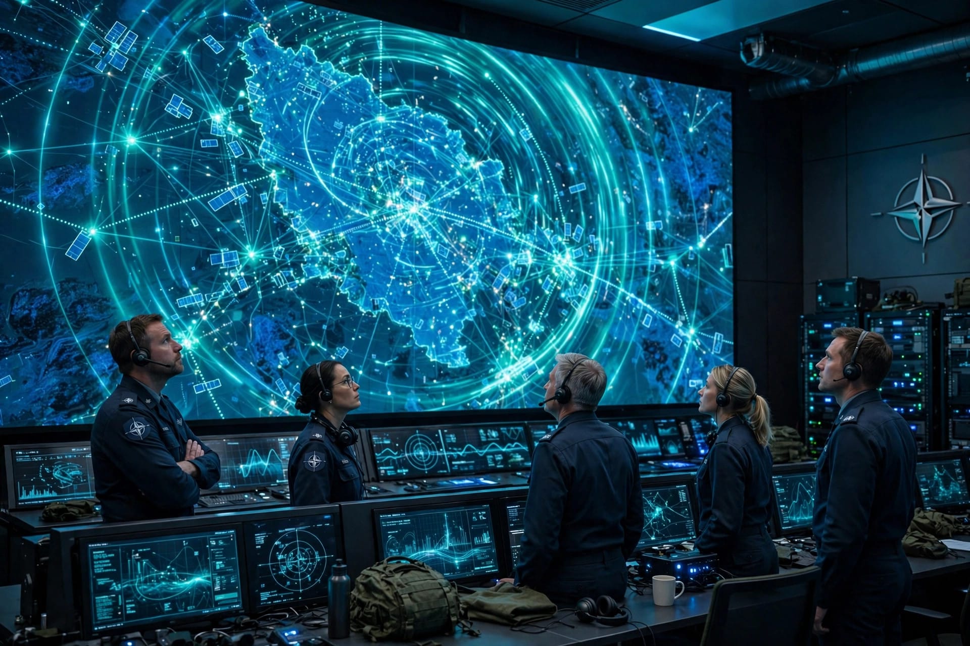 NATO command room viewing the Maven Smart System battlefield map built from satellite and radar data