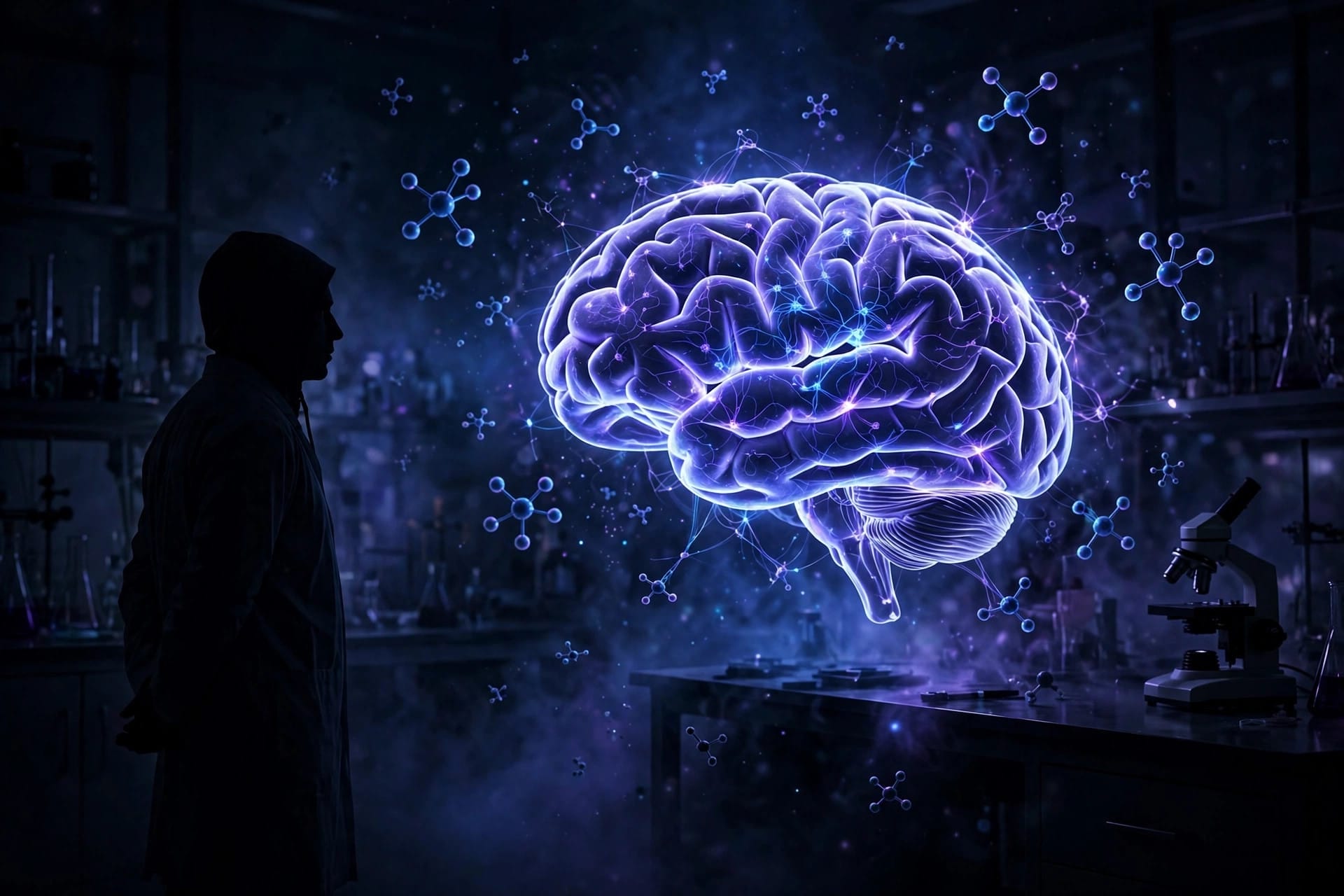Scientist studying a holographic brain showing AI research into Alzheimer disease