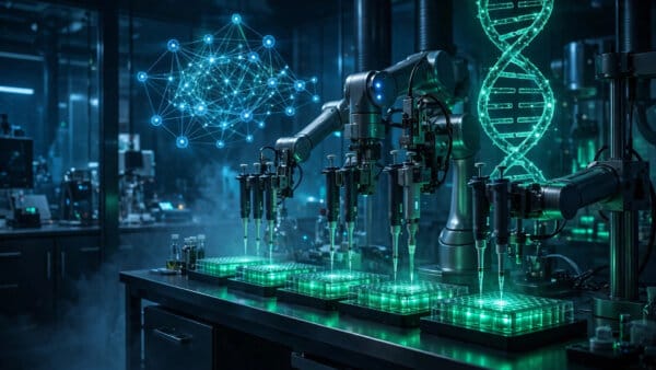 AI drug-discovery laboratory with robotic arms and a holographic neural network