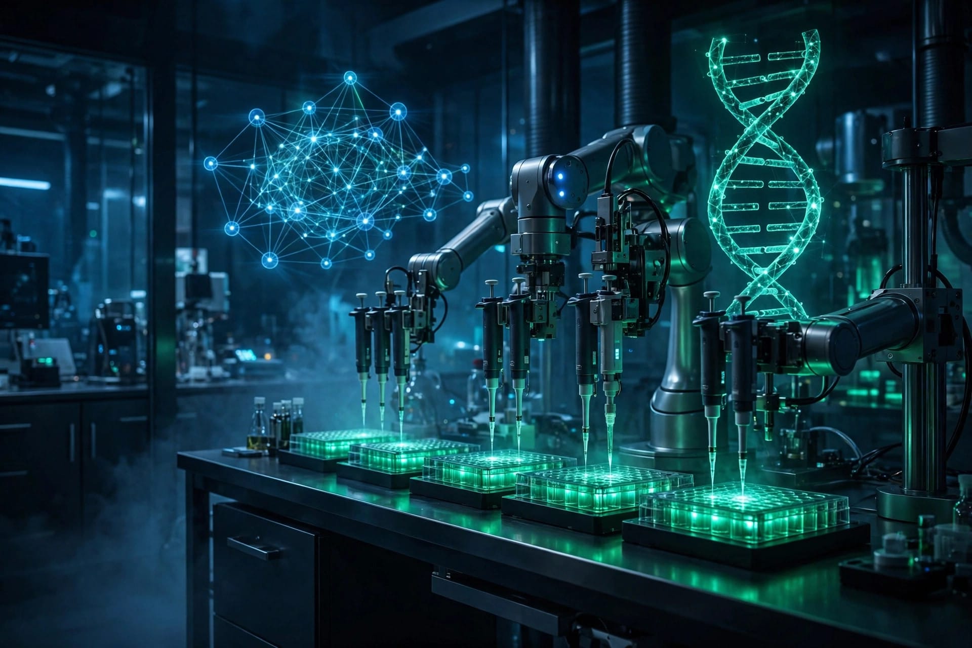 AI drug-discovery laboratory with robotic arms and a holographic neural network