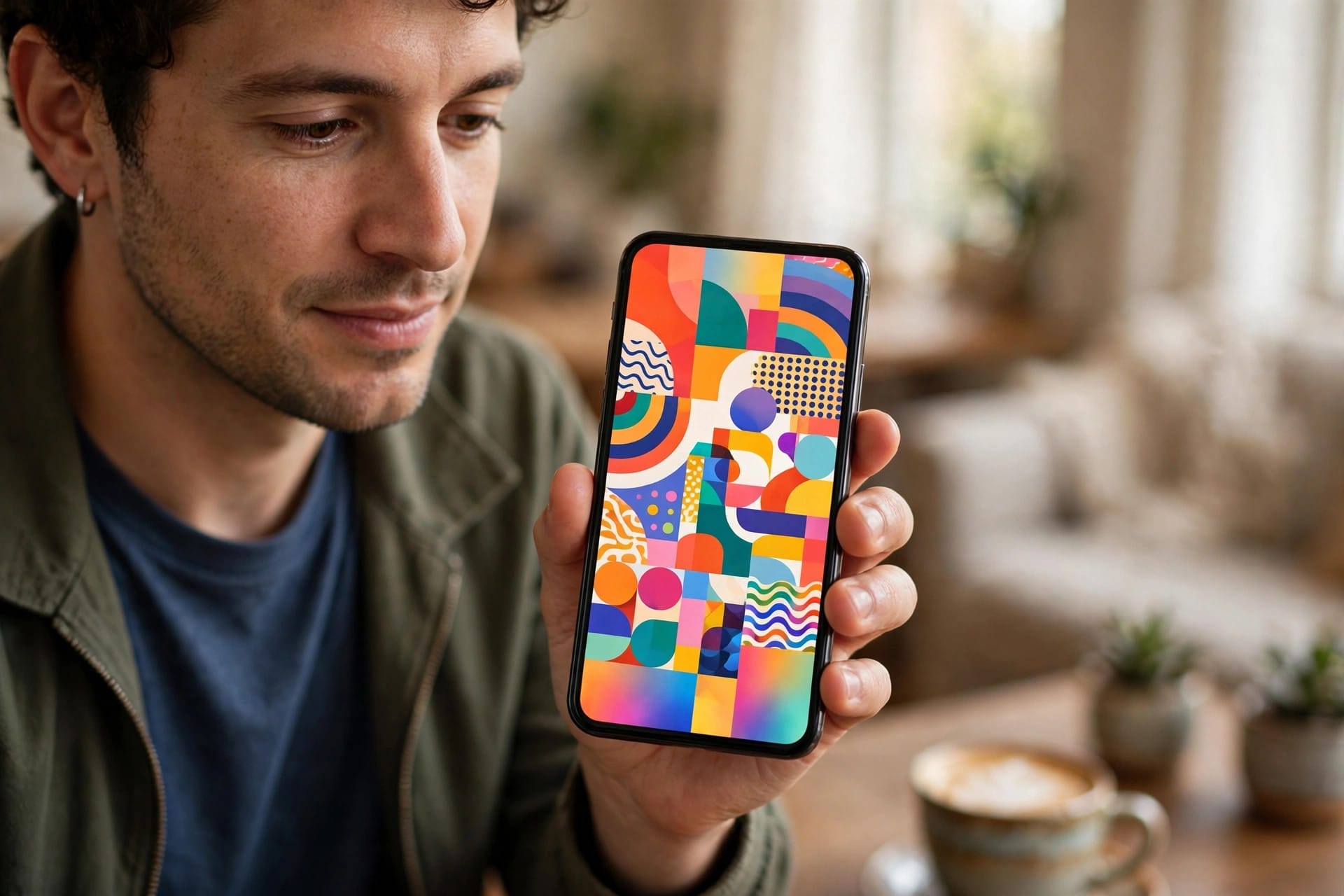 A person holding a smartphone showing a colourful graphic on its screen