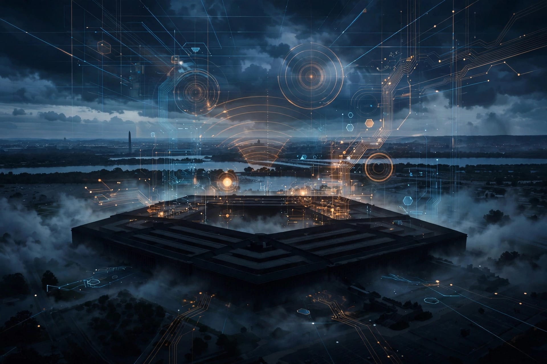 Pentagon building with AI surveillance and targeting systems concept