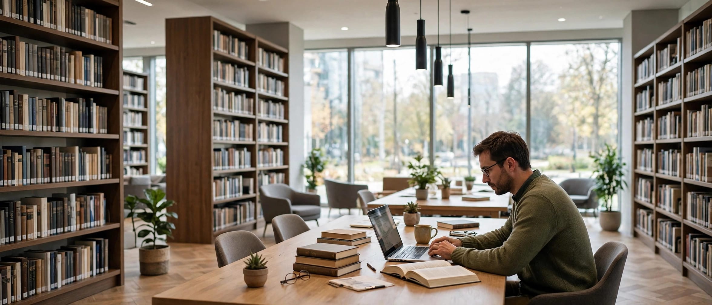 Researcher working at a laptop in a bright modern library reading room