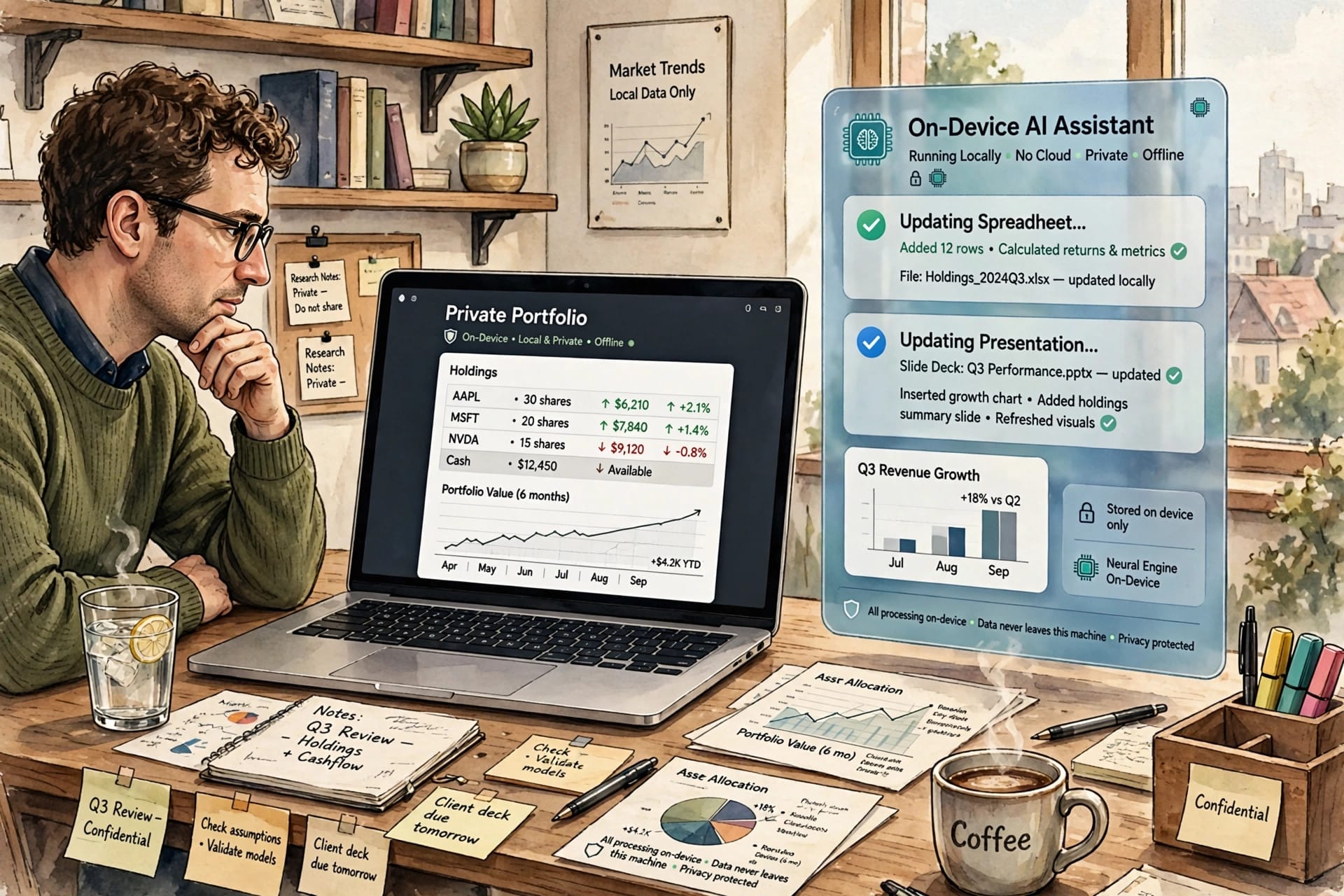 Analyst using Perplexity Computer locally on a Mac to review a private portfolio and update a spreadsheet on device