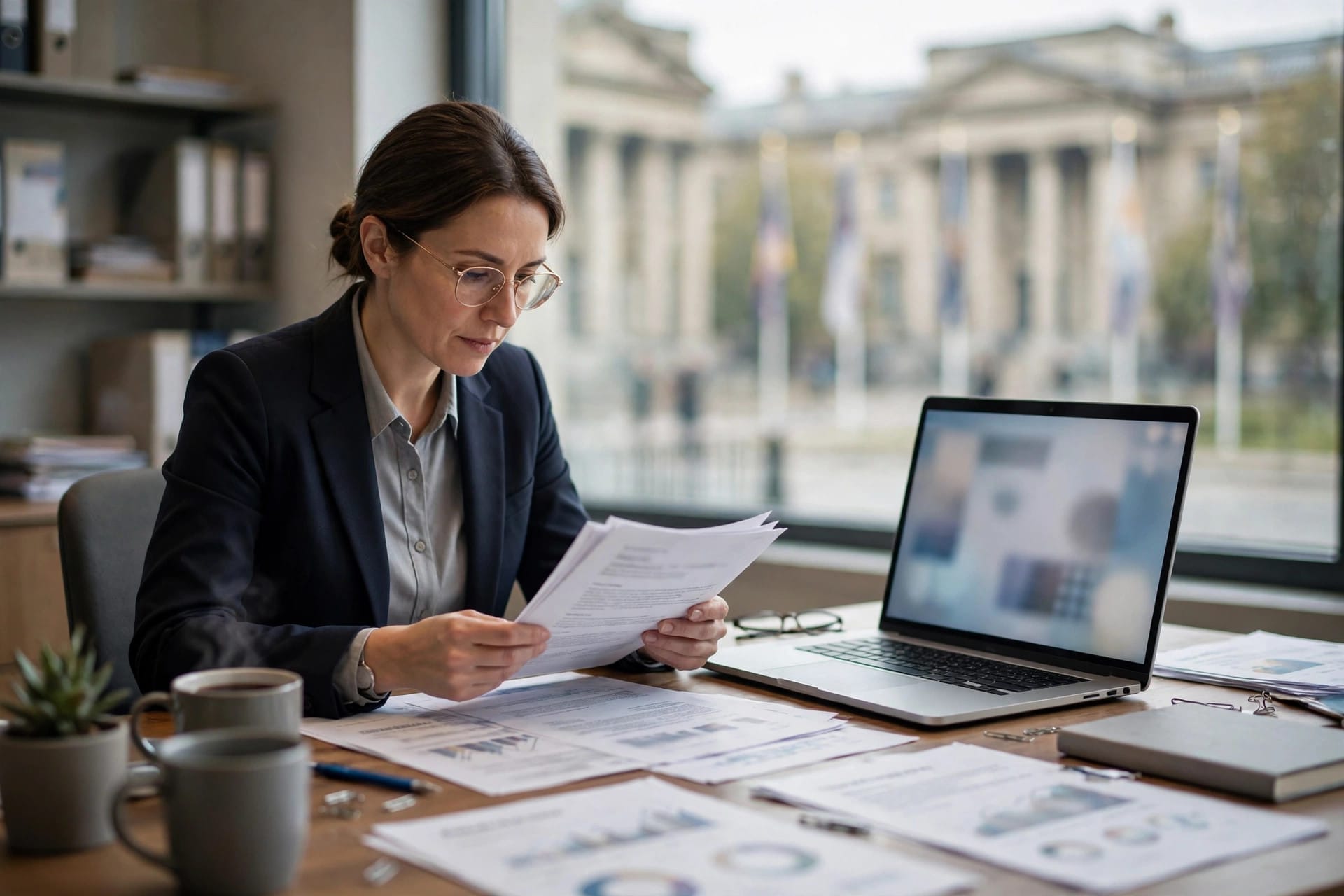 Professional reviewing printed documents at a desk with a laptop, government building blurred outside