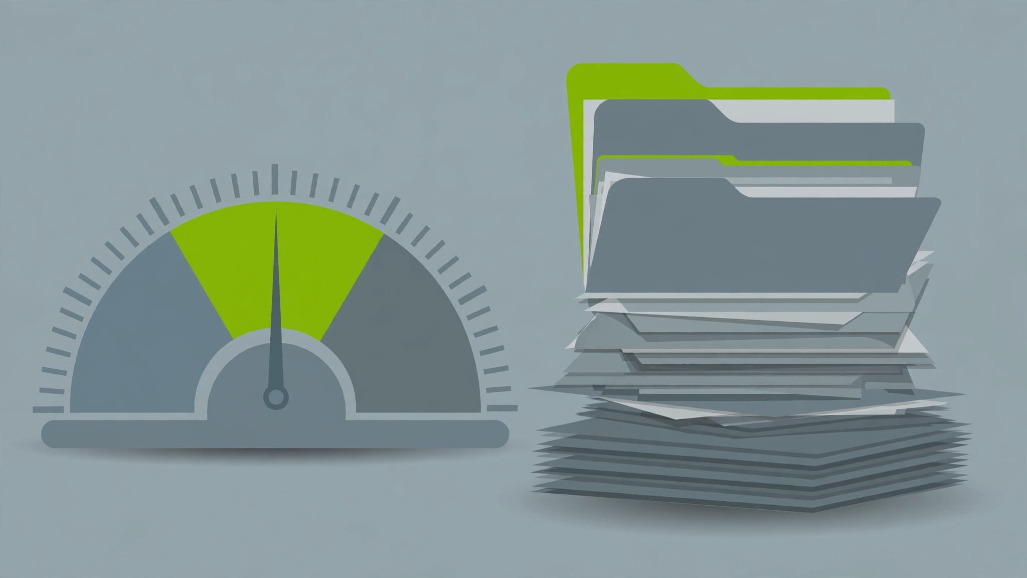 Illustration of a gauge with three zones beside a stack of research reports, representing usage levels across Perplexity plans