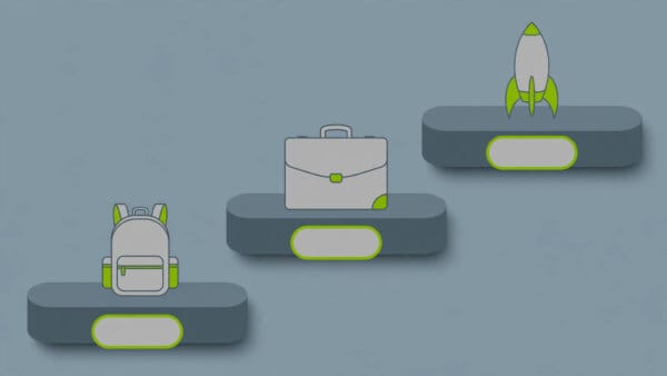 Illustration of three ascending steps carrying a backpack, a briefcase and a rocket, representing Perplexity's Free, Pro and Max plans