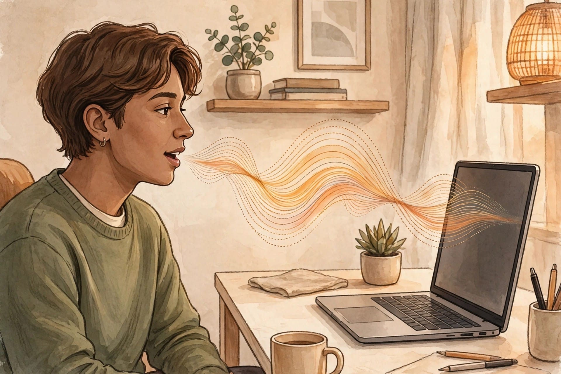 A person speaking to a laptop on a clean desk with sound waves between them
