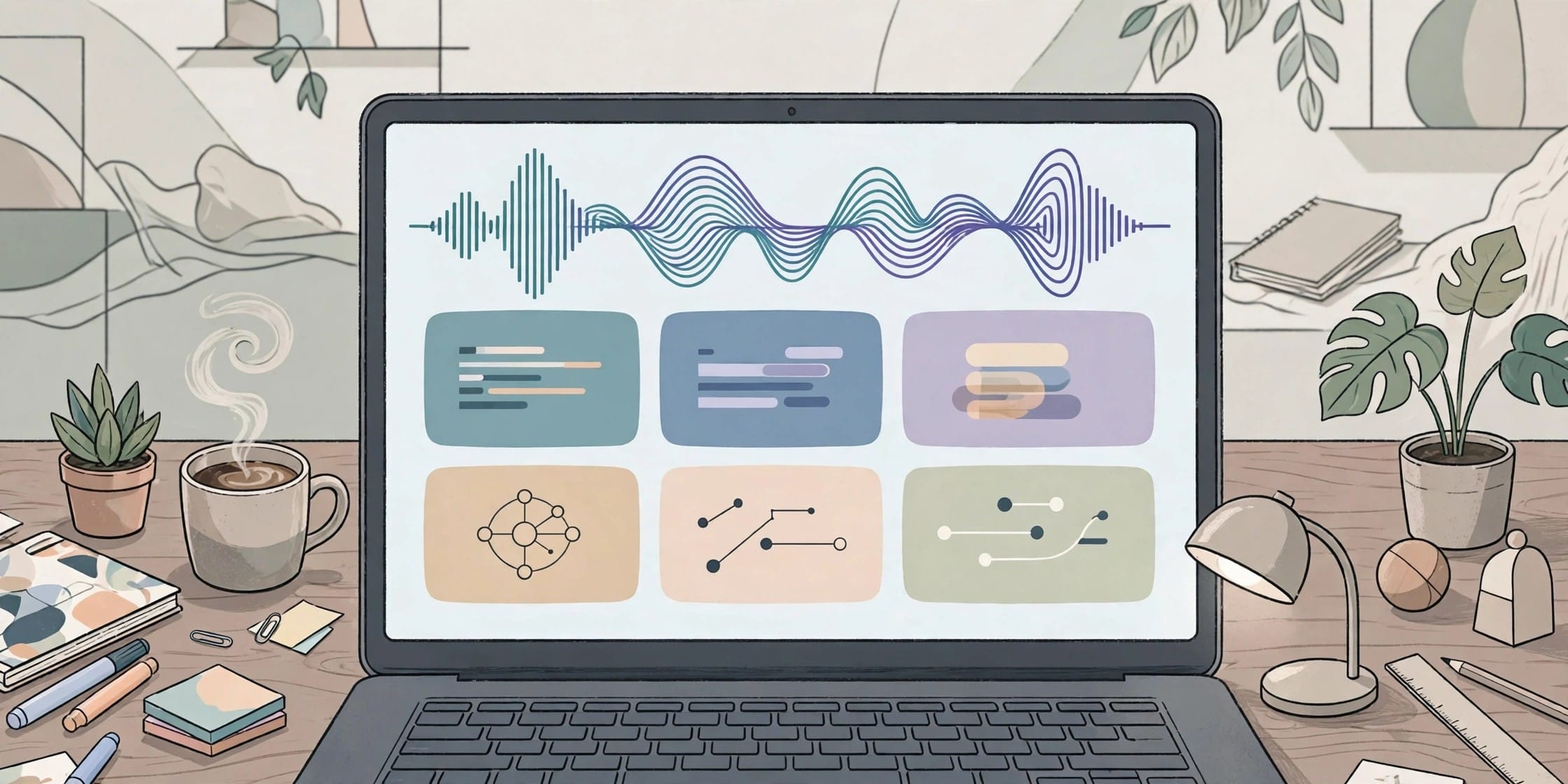 A laptop screen with abstract project cards and voice waveform graphics