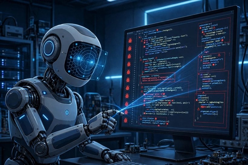 AI assistant scanning PHP code on a monitor and flagging the hidden PHP2Shell flaws
