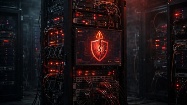 PHP server rack with a cracked shield alert showing the PHP2Shell vulnerabilities in PHP