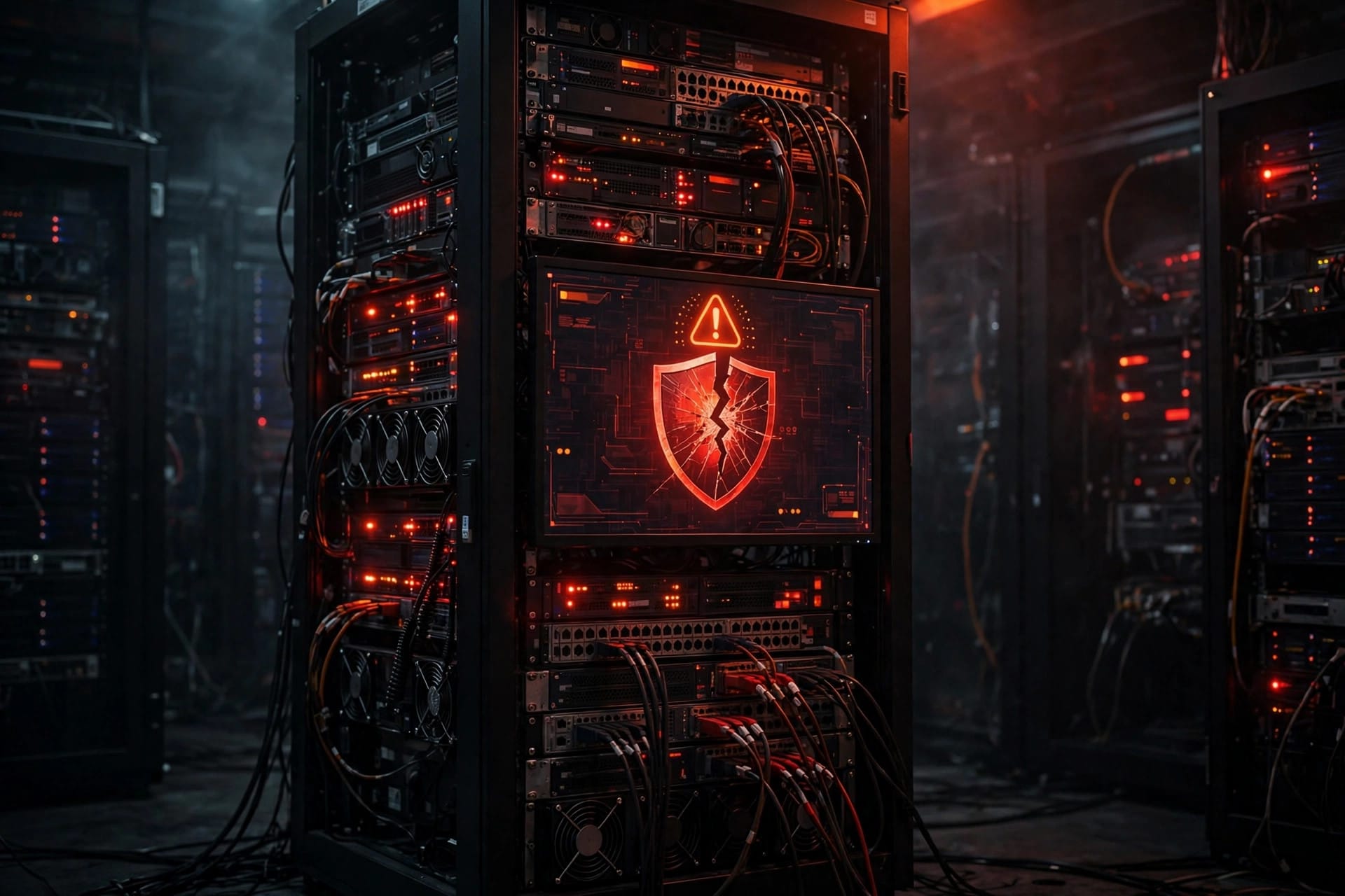 PHP server rack with a cracked shield alert showing the PHP2Shell vulnerabilities in PHP