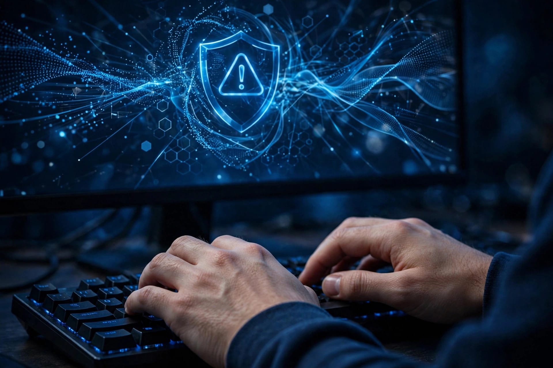 Hands on a keyboard before a monitor showing a shield warning icon amid data streams during PHP2Shell post-exploitation