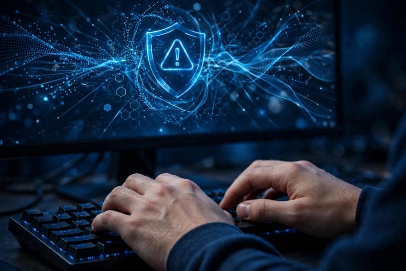 Hands on a keyboard before a monitor showing a shield warning icon amid data streams during PHP2Shell post-exploitation