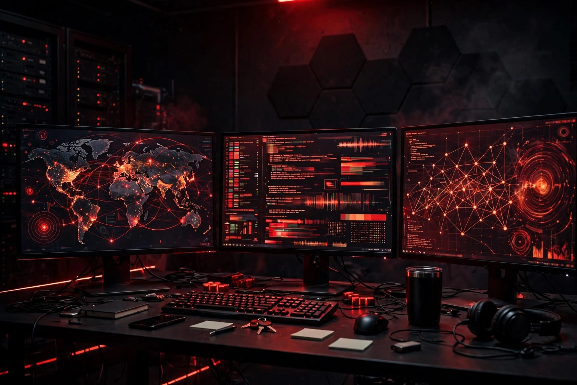 Cybersecurity operations room monitors showing network attack maps during the PHP2Shell agentic AI attack investigation