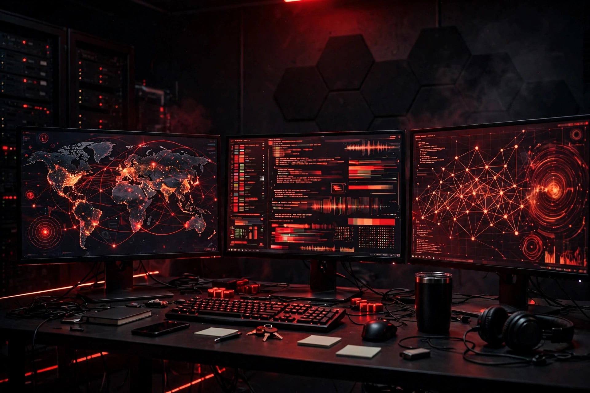 Cybersecurity operations room monitors showing network attack maps during the PHP2Shell agentic AI attack investigation
