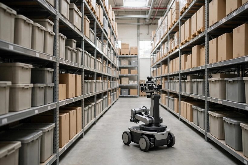 General purpose robot navigating a warehouse aisle