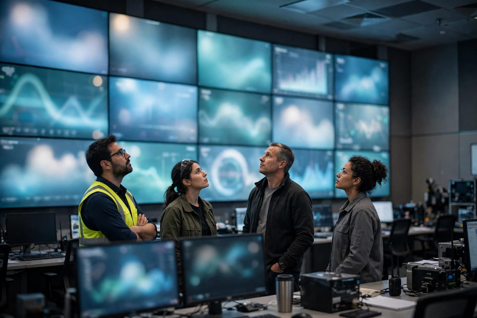 Engineers in a power grid control room looking at large displays