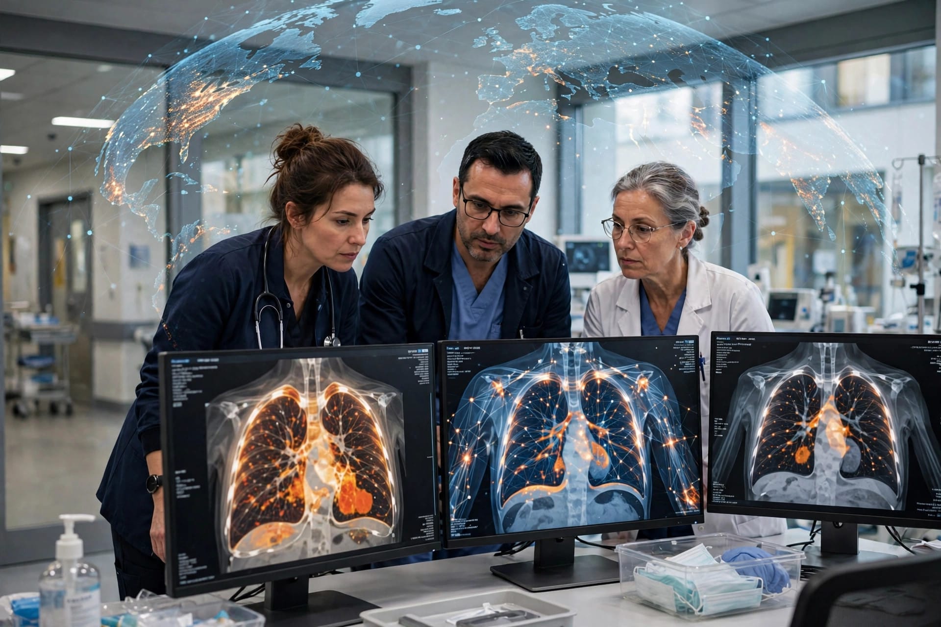 Doctors in a Polish hospital reviewing AI diagnostic scans covered by the HealthAI regulatory network
