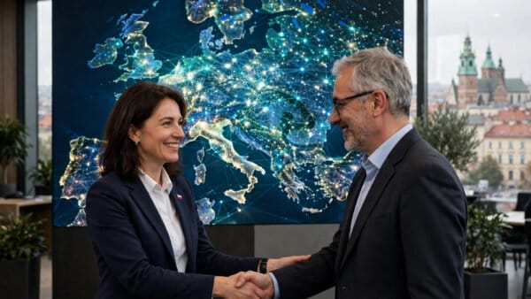 Polish and HealthAI officials shaking hands at the AIMed conference in Krakow over the Global Regulatory Network agreement