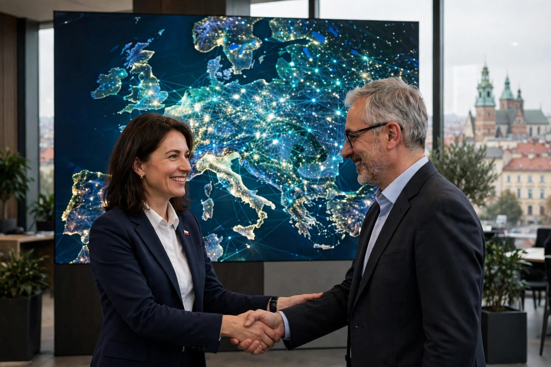 Polish and HealthAI officials shaking hands at the AIMed conference in Krakow over the Global Regulatory Network agreement