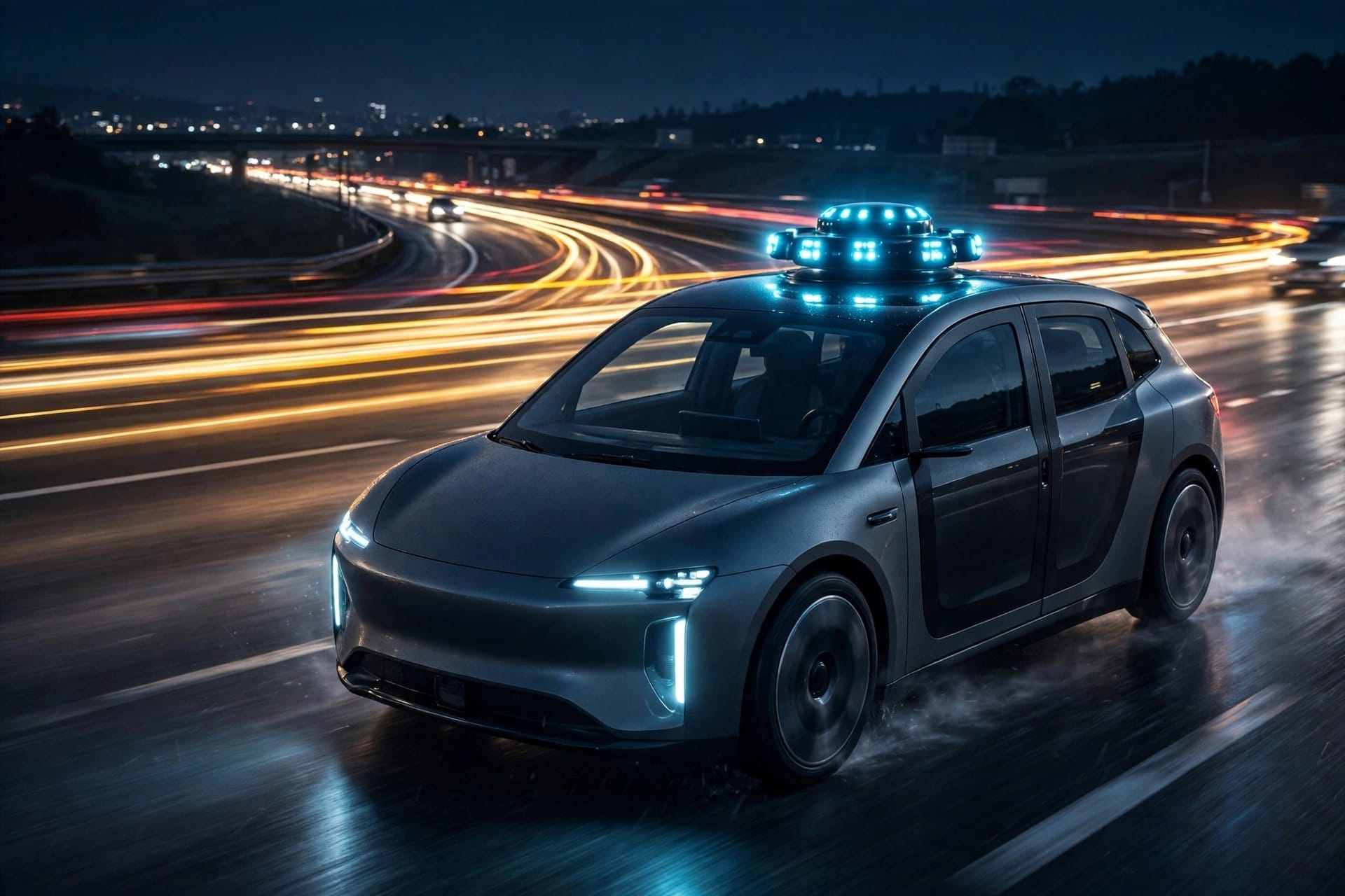 Autonomous robotaxi with rooftop sensor array driving at night
