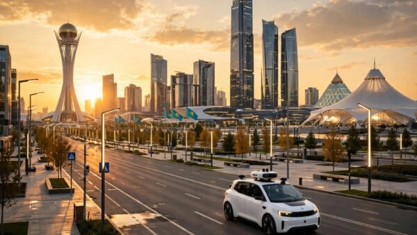Driverless robotaxi on a street in Astana Kazakhstan at golden hour, illustrating the Pony AI inDrive NVIDIA robotaxi partnership