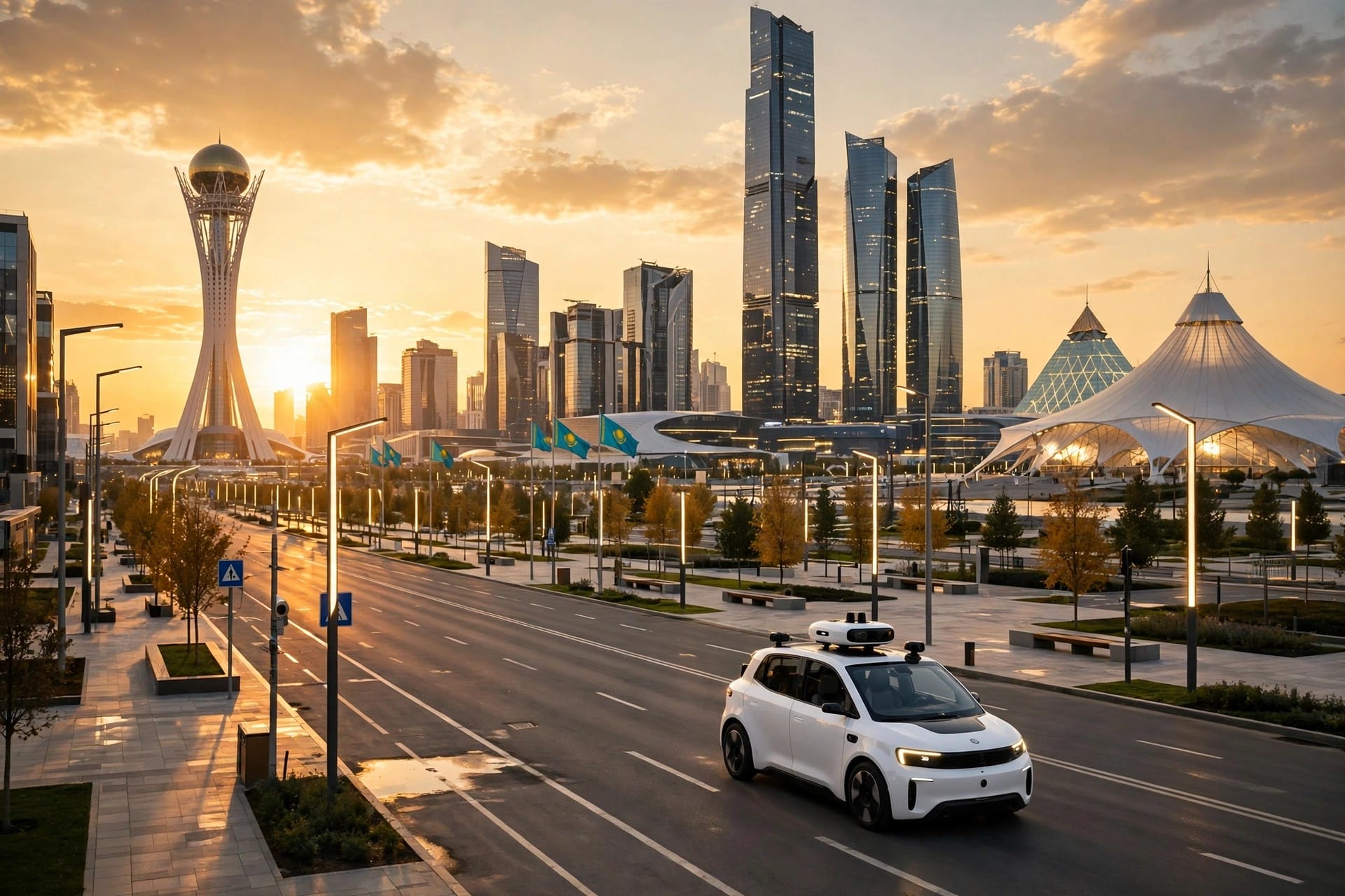 Driverless robotaxi on a street in Astana Kazakhstan at golden hour, illustrating the Pony AI inDrive NVIDIA robotaxi partnership