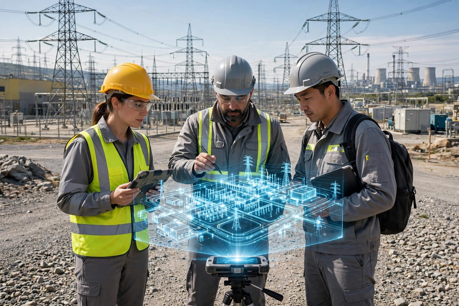 Engineers with tablets assessing a power station site with high-voltage pylons — PreussenElektra and NVIDIA's site review for AI factories