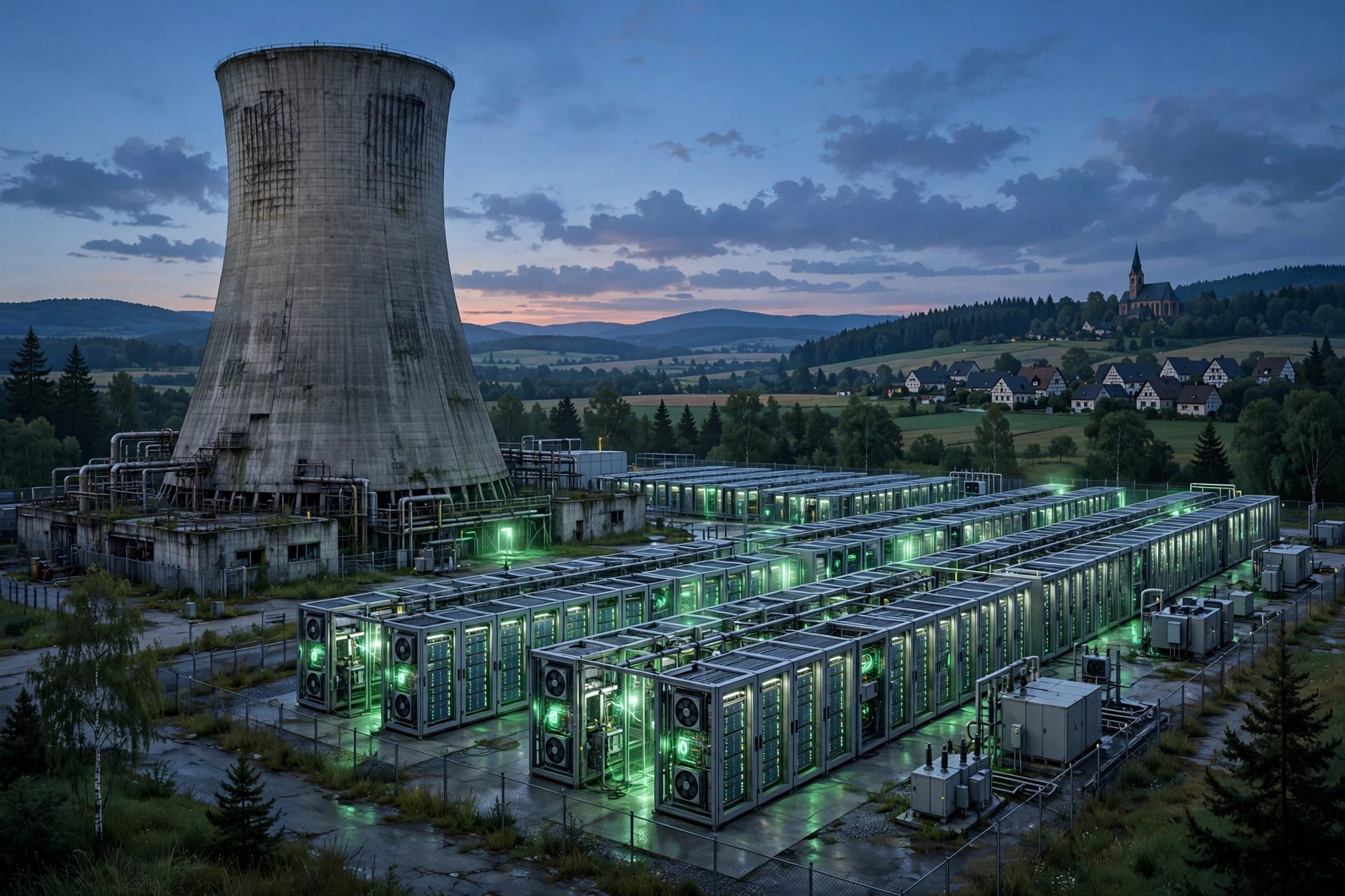 A decommissioned nuclear cooling tower beside rows of glowing AI server containers at dusk — the former plant sites PreussenElektra and NVIDIA are assessing