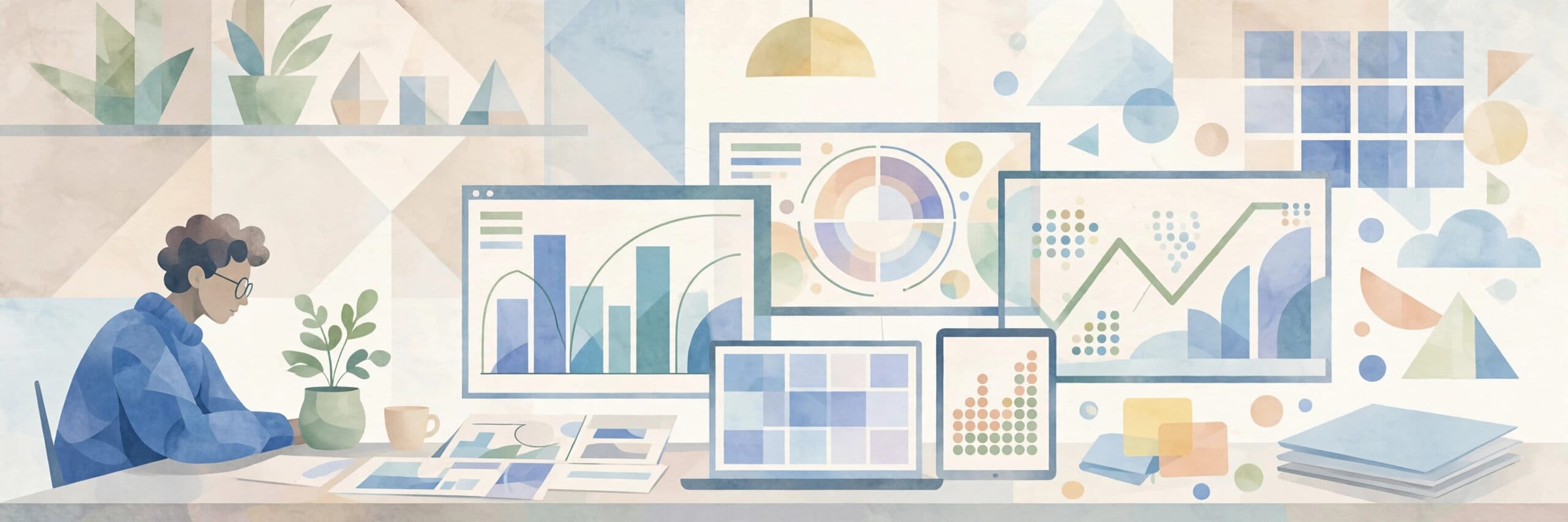 A person working with spreadsheets and data dashboards on a bright modern desk