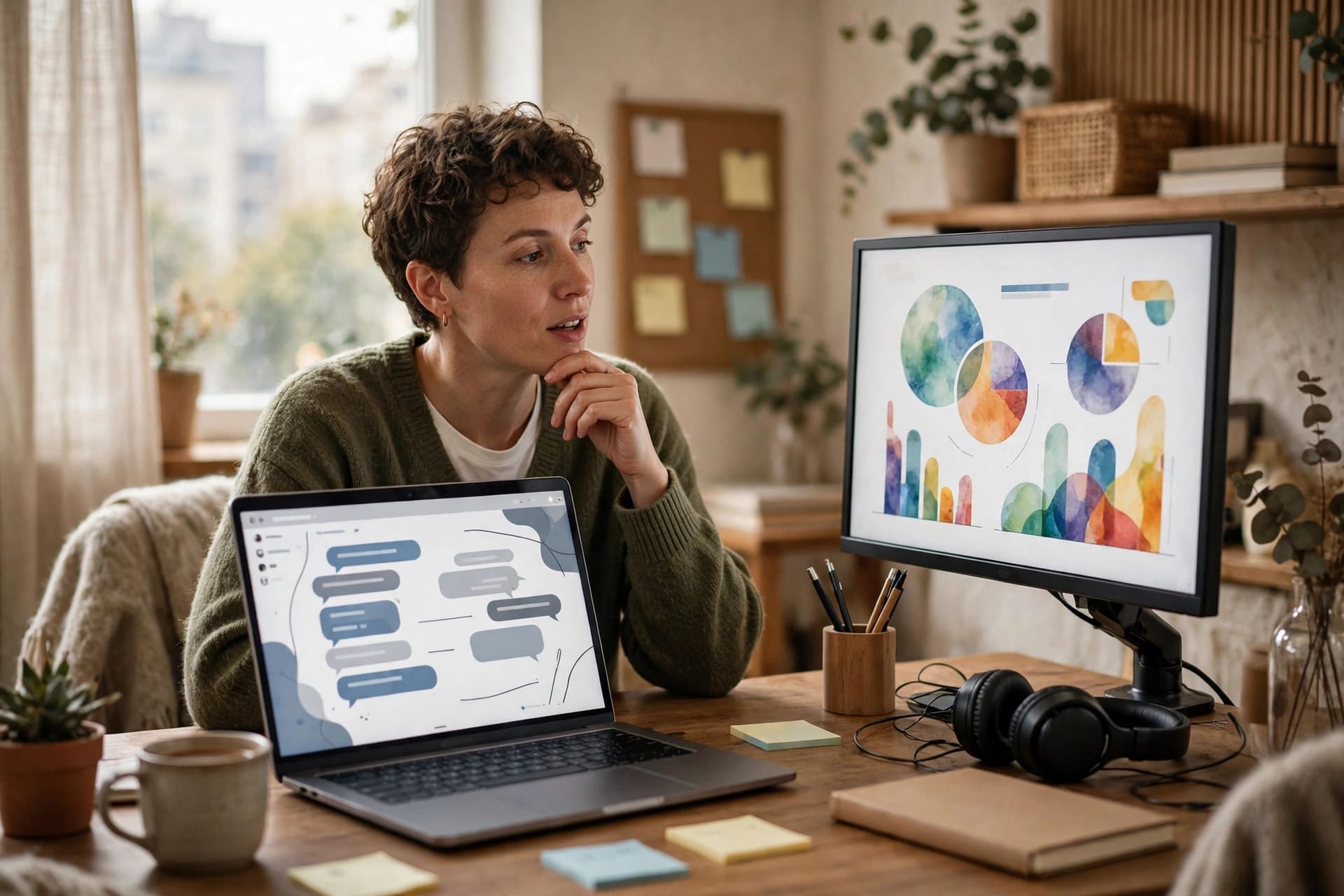 Person asking a chat assistant a question on a laptop