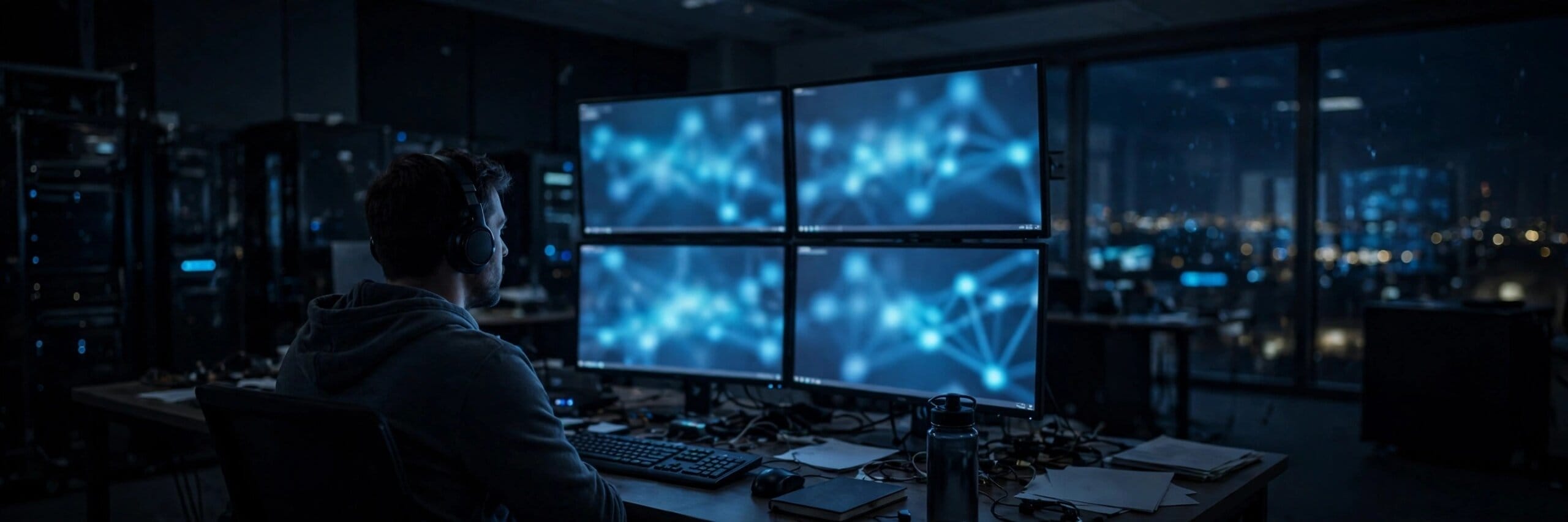 Analyst in a dark security operations room facing monitors with abstract network diagrams