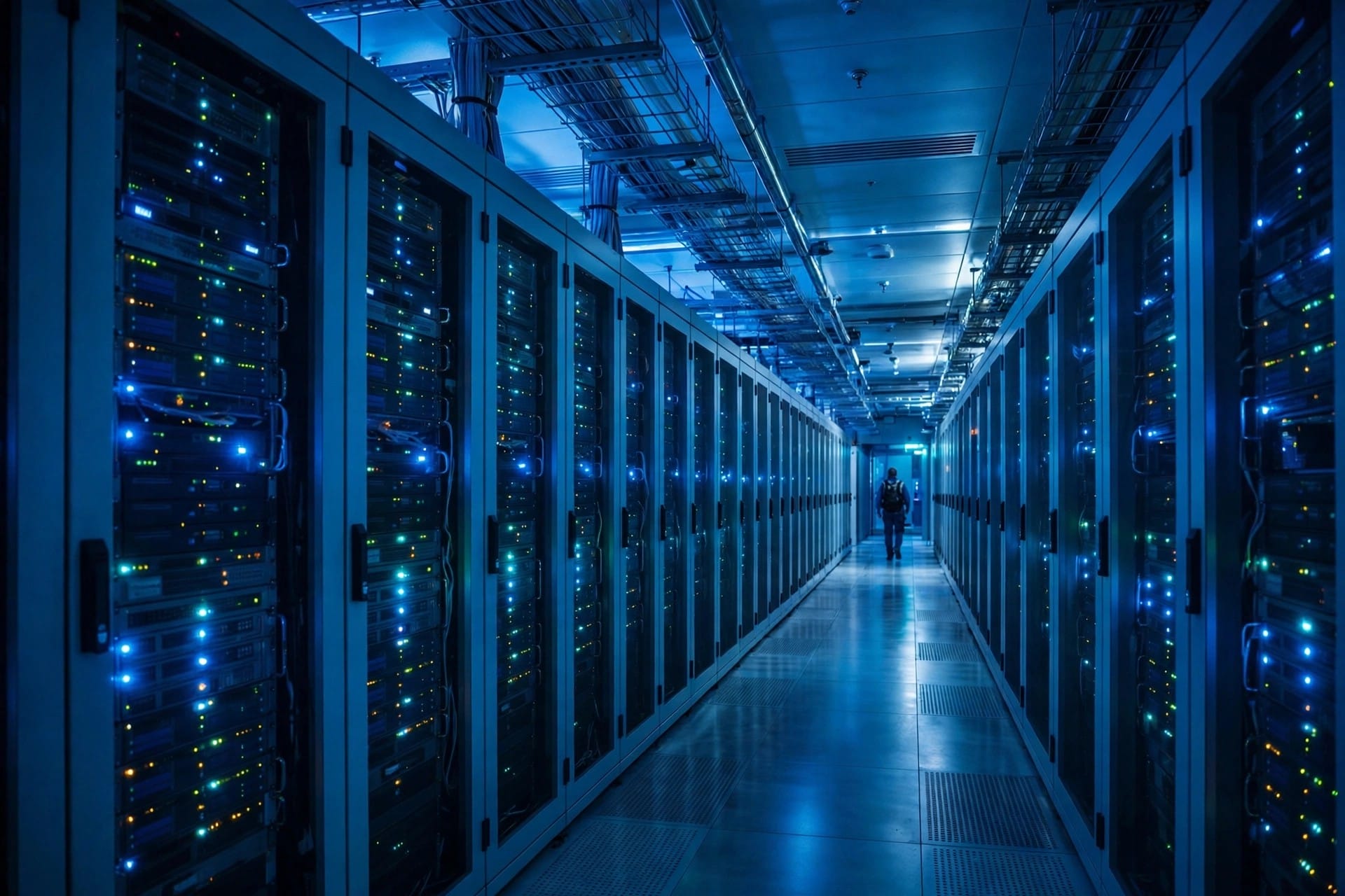 Server room corridor with rows of rack cabinets and blinking lights and a technician in the distance