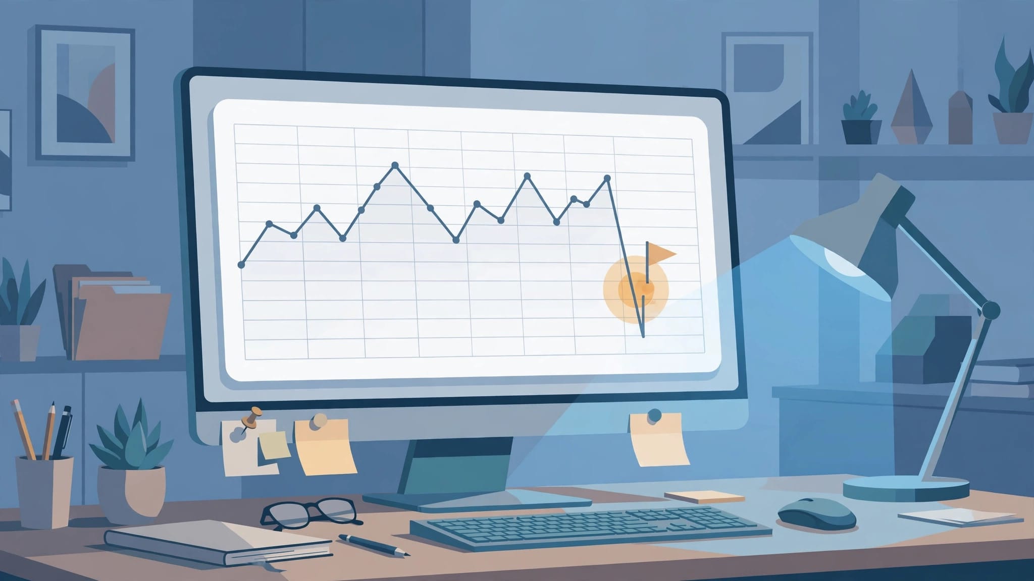 Illustration of an SEO rank-tracking dashboard with a ranking chart showing an anomalous drop flagged for review
