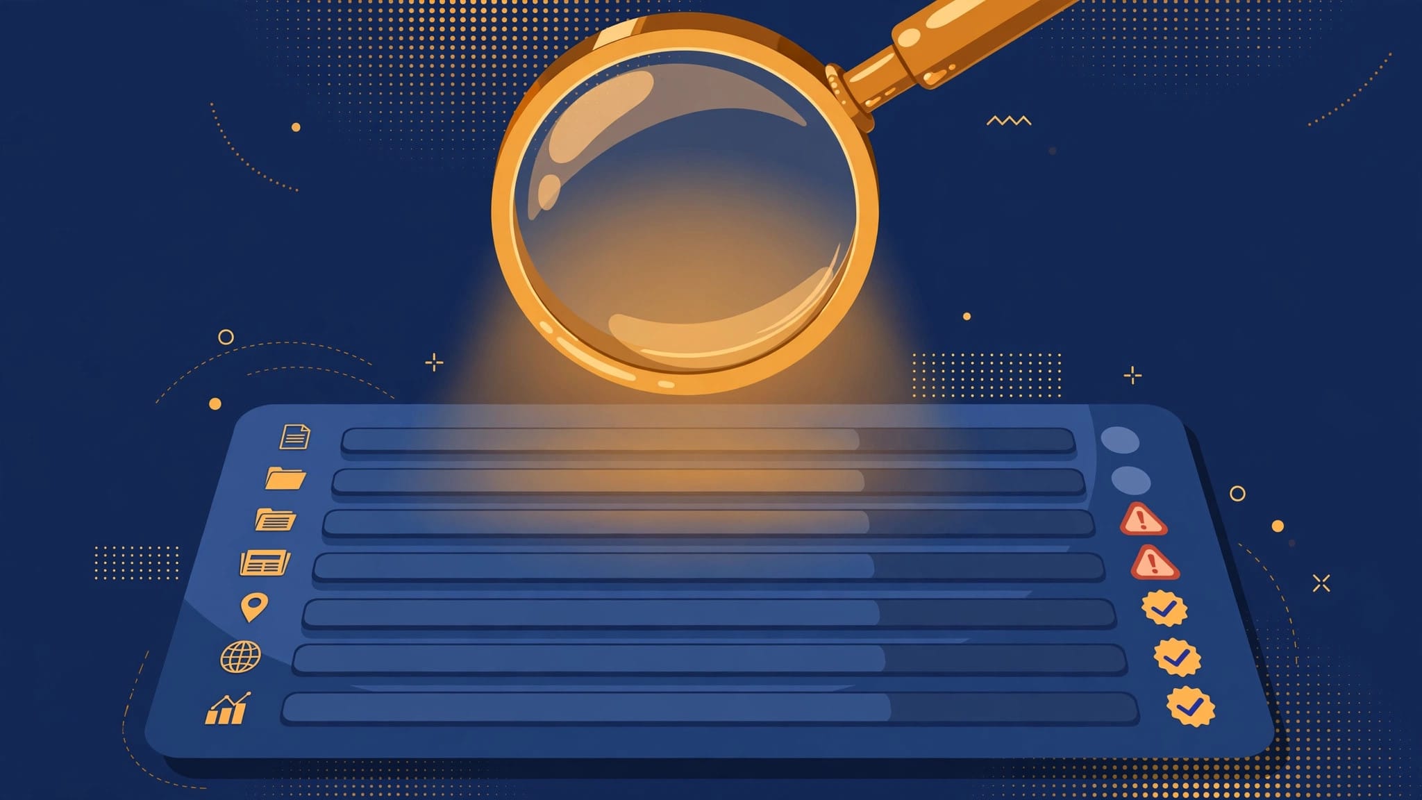 Illustration of a magnifying glass examining a search results page with warning badges marking suspect rankings, showing how rank trackers filter poisoned Google results