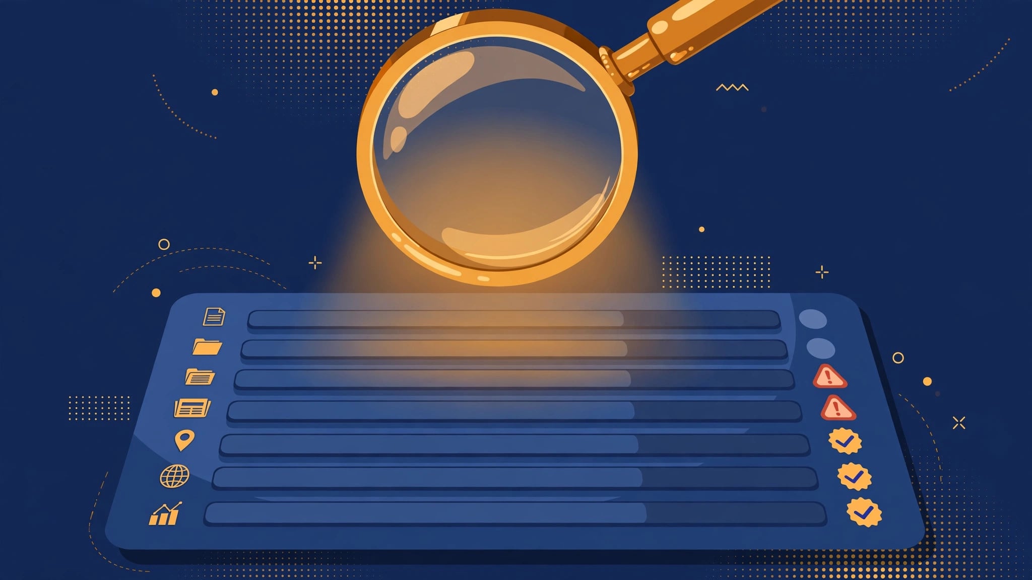 Illustration of a magnifying glass examining a search results page with warning badges marking suspect rankings, showing how rank trackers filter poisoned Google results